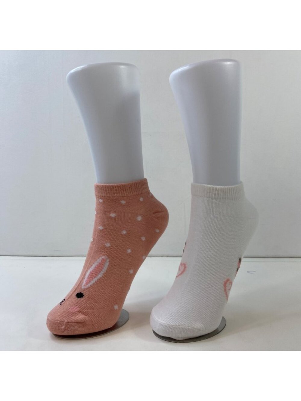 Womens Ankle Socks Set 2 Bunny Cat Print Polka Dots Pink White